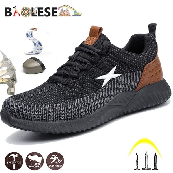 

baolesem man men safety steel cap toe construction shoes lace-up work sneakers brathable safty footwear y200915, Black;brown