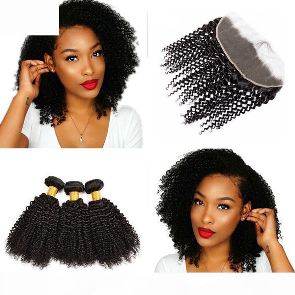 

cuticle aligned hair bundles with closure grade virgin hair kinky curly remy human hair bundles with ear to ear closure, Black;brown