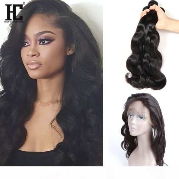

hc hair 360 lace frontal with 3 bundles brazilian body wave virgin hair with frontal closure 22*4*2 360 lace band with baby hair pre plucked, Black