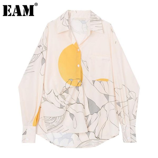 

eam] women beige pattern printed big size blouse new lapel long sleeve loose fit shirt fashion tide spring autumn 2021 1z142, White