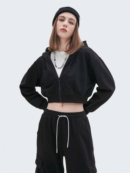 

drop shoulder zip up crop hoodie e63k#, White;black