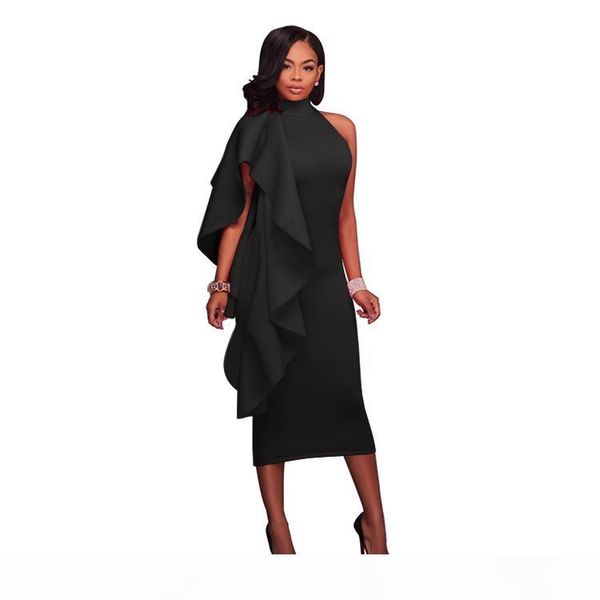 

ruffle summer dress one side exaggerated frill bodycon dresses women elegant high neck zip midi dress off shoulder party dress, Black;gray