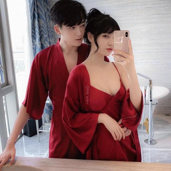 

women's sleepwear pajamas with breast pads feminine sling nightdress nightgown two-piece dressing gown for couple lyweds, Black;red