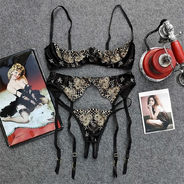 

french vintage women intimates embroidery cupless bras lingerie with garters sets push up bra crotchless panty set ultrathin bra lj201211, Red;black