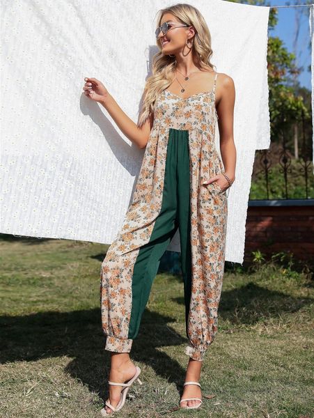 

floral print hidden pocket cami jumpsuit w076#, White