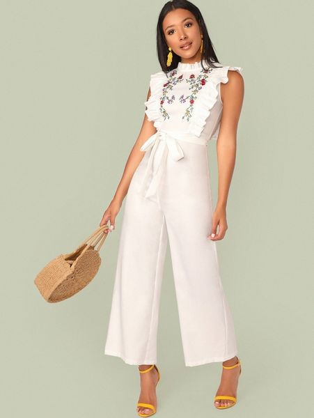 

mock neck ruffle trim embroidery belted palazzo jumpsuit s147#, White