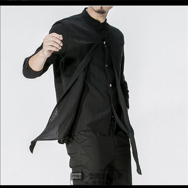 

2020 chinese s-6xl new style cotton and linen shirts male with long sleeve false collar two pieces bottom shirt nesf, White;black