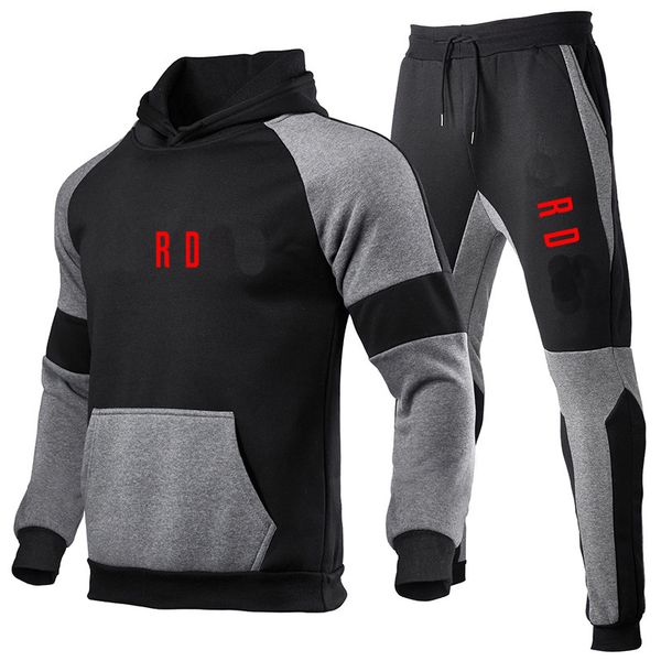 

men's tracksuits 20fw winter plus velvet stitching sports sweater suit fashion trend printing casual slim hooded hoodie suit size s-3xl, Gray