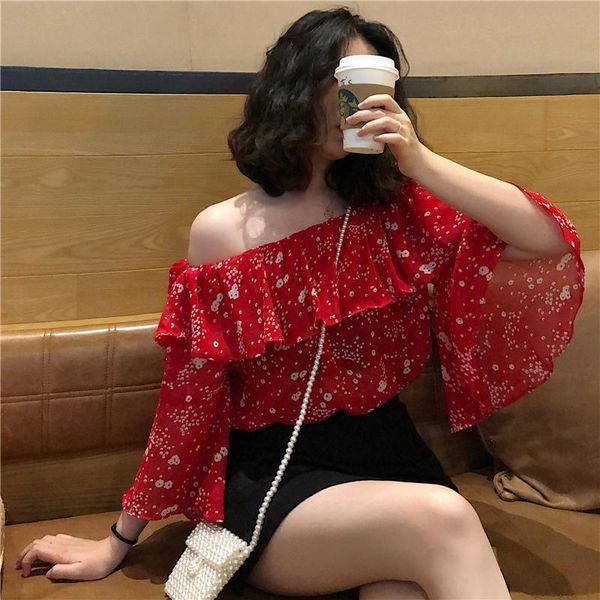 

women's blouses & shirts 2021 summer female chiffon half flare sleeve slash neck ruffles collar women fashion printing floral, White