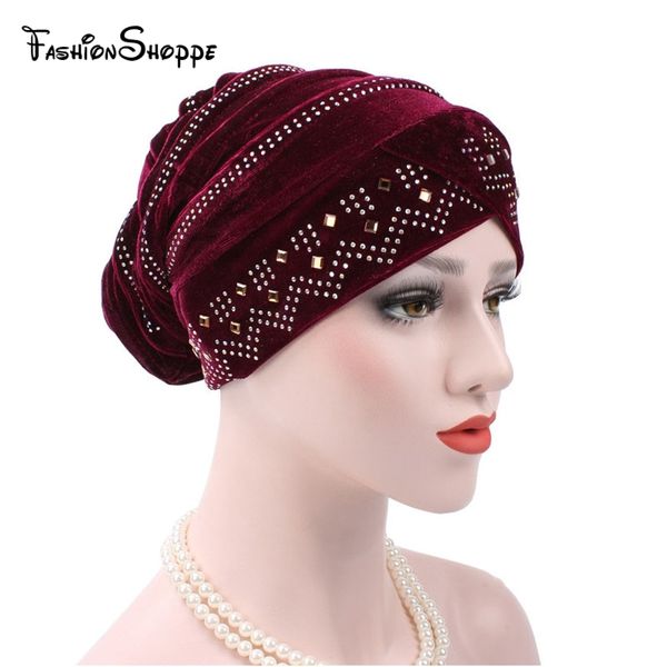 

luxury- winter warm women elastic velvet drilling head wrap hat headband fashion hair bands turban cap hair accessories #ys287, Silver