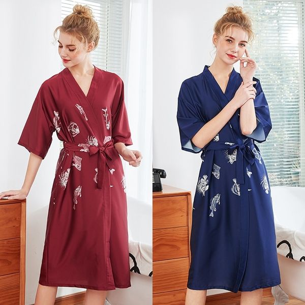 Femmes Soie Sexy Kimono Peignoir Longueur Au Genou Demoiselle D'honneur Os De Poisson Satin Robe De Bain Rouge Mariée Robe De Chambre Pour Mariage Vêtements De Nuit 210203