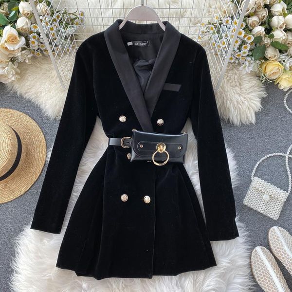 

fitaylor autumn winter women jacket retro velvet jacket double breasted suite medium long british vintage office lady outwear, Black;brown