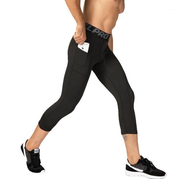

running pants 3/4 length compression men basketball leggings mens workout capri legging fitness with pockets gym tights1, Black;blue