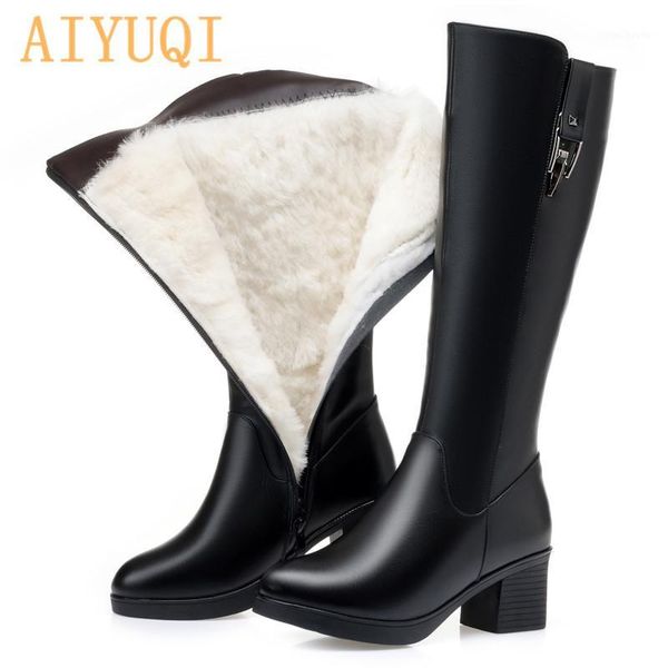 

boots aiyuqi winter women long genuine leather natural wool warm high fashion large size riding1, Black