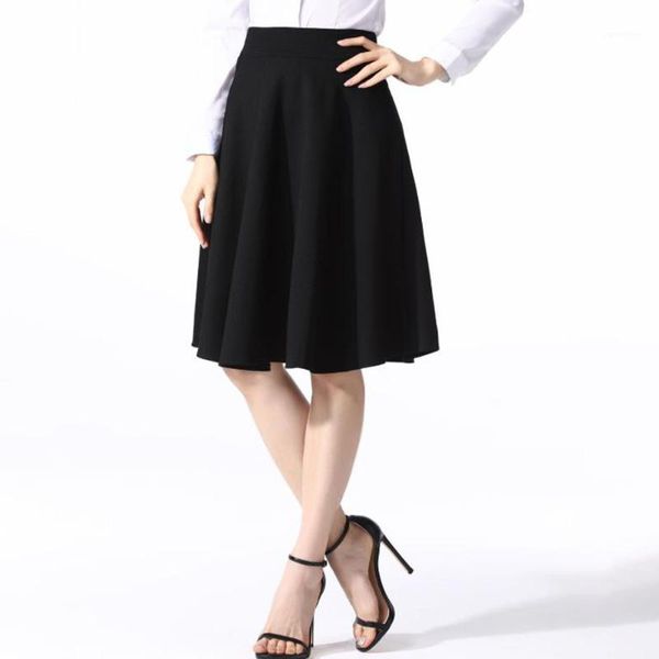 

women high waist a line skirt black retro elegant knee length pleated skirts office ladies business work wear skater swing skirt1