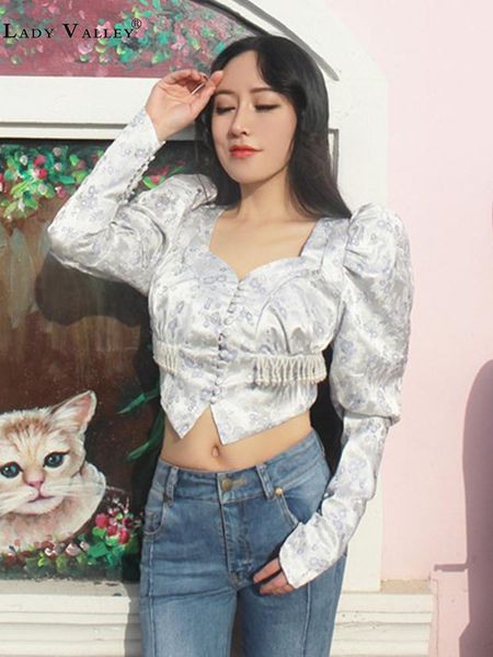 

women's jackets retro jacquard heavy craft beaded tassel bubble sleeve square collar short coat lady spring autumn high waist, Black;brown