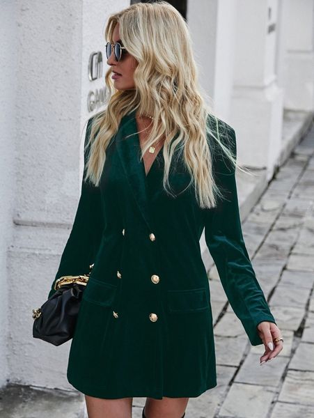 

double breasted velvet blazer dress 62jb#, White;black