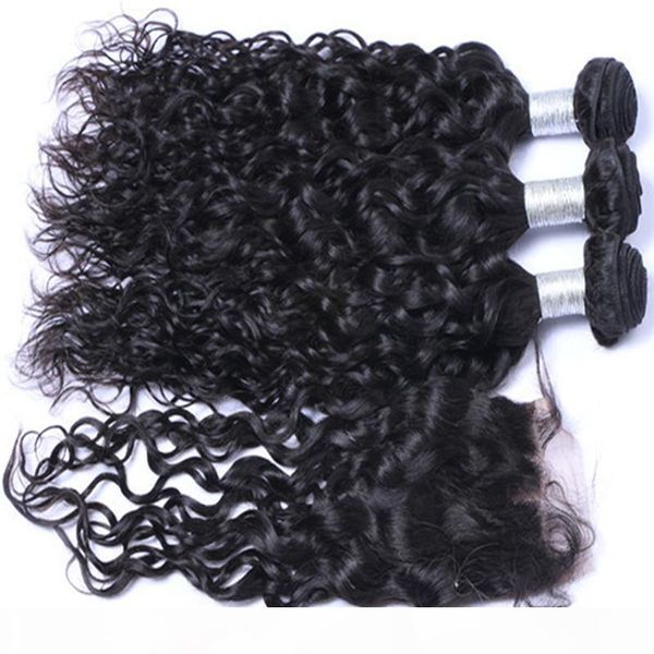 

brazilian human bundles water wave hair with closure 3 bundles with closure brazilian wet and wavy hair with closure wavy human extention, Black;brown