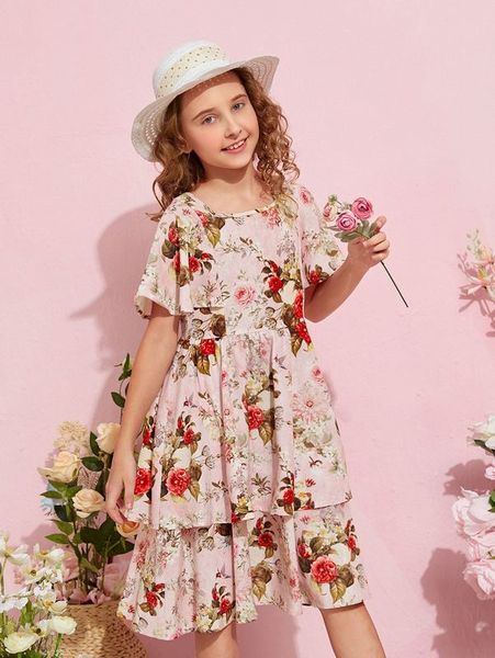 

girls floral print layered ruffle hem dress she, Red;yellow