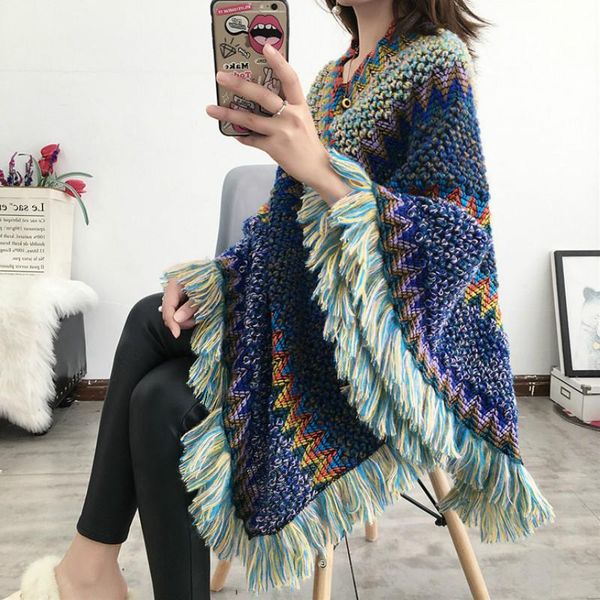 

women national geometric cloak tassels shawl knitted spring hedging mohair fringed knit scarf long shawl casual poncho, Blue;gray