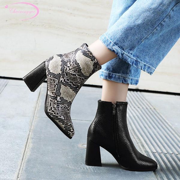 

street pointed toe ankle boots fashion color matching serpentine white brown high heel thick riding boots women's shoes, Black