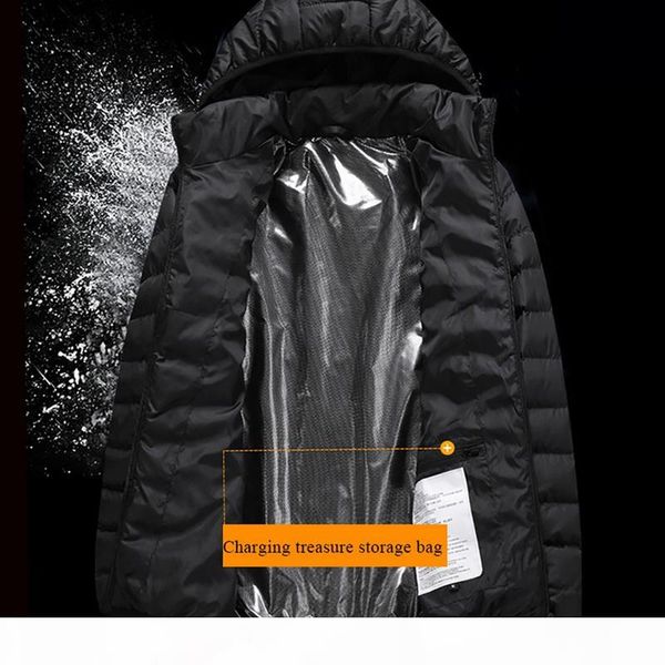 

men new winter warm usb infrared heating winter jacket men smart thermostat pure color hooded heated parkas warm jacket, Black