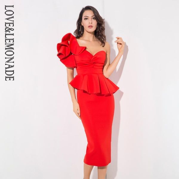 

love&lemonade red one-shoulder ruffle trim two-pieces slim set lm11921, White