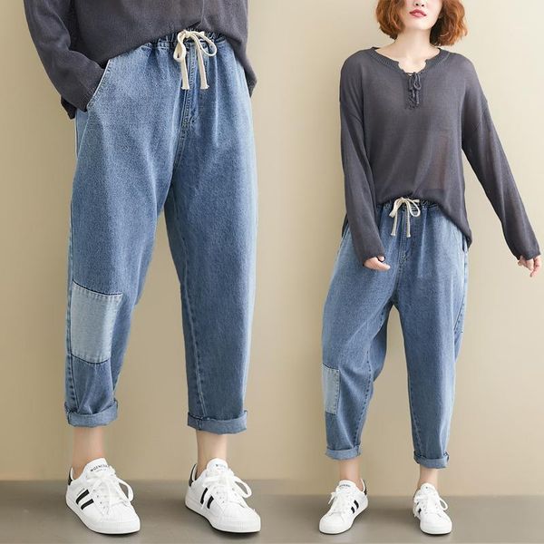 

women's jeans #4629 autumn plus size harem women casual vintage denim patchwork retro boyfriend for ankle-length1, Blue