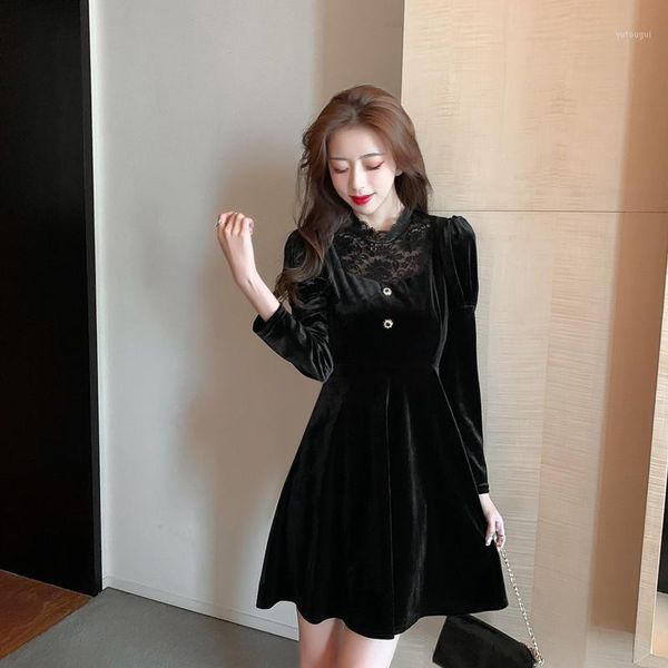 

new year temperament accept waist show thin lace hollow out of all the light cooked a word of french splicing velvet dress1, Black;gray
