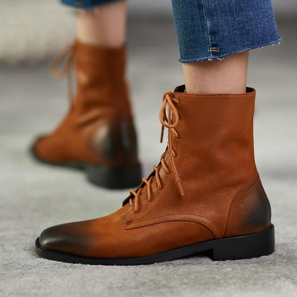 

boots fashion women genuine leather lace up ladies ankle handmade soft autumn basic shoes woman 2021, Black