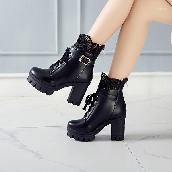 

boots 2021 spring winter women's ankle plus size 34-43 black 10cm high heels platform booties lace up shoes woman1