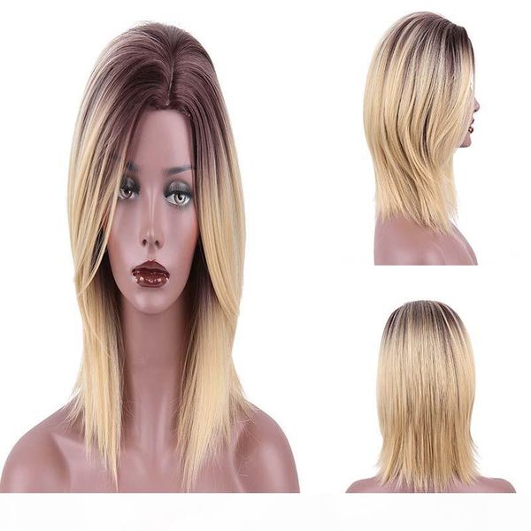 

16 inches natural straight synthetic wig natural hairline wigs 200g piece heat resistant fiber color r6-27-613, Black