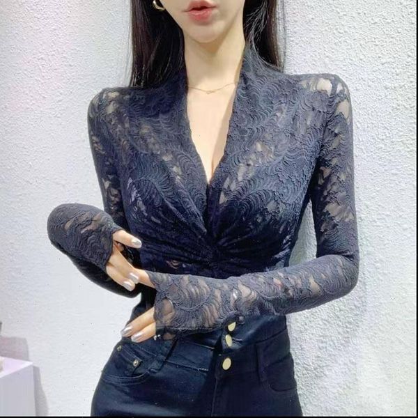 

women lace embroidery blouses autumn full sleeve ladies korean hollow out cross deep v neck shirt spring elegant solid, White