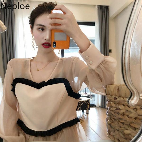 

neploe retro v neck strapless patchwork chiffon shirt women korean pullover button design long sleeve blouse fashion blusas813141, White