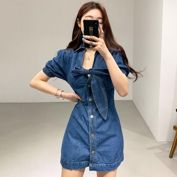 

casual dresses summer denim dress korean version retro turn-down collar bow tie slim waist a-shaped puff sleeve vestidos 8a1861, Black;gray