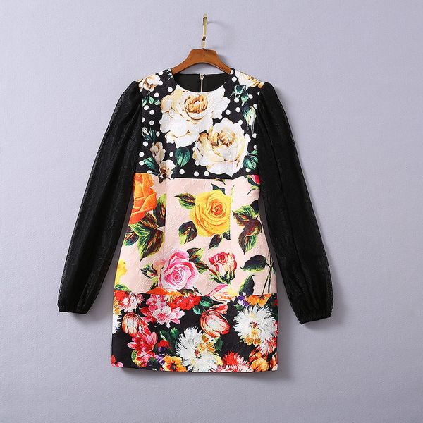 

1112 2020 autumn a line long sleeve crew neck dress purple prom fashion flora print apricot panelled brand same style sh, Black