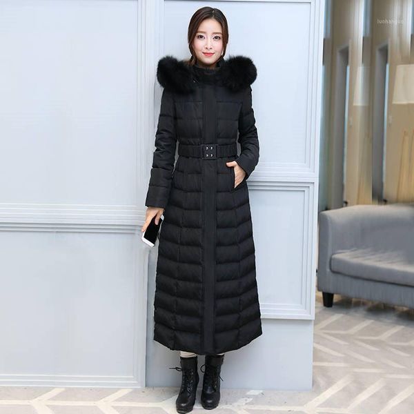 

2019 new winter women natural fur collar down jacket warm thicken white duck down long coats female loose casual parkas c1641, Black