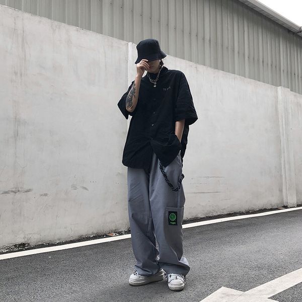 

dark black high hip-hop fashion brand big pocket straight tube loose casual with drooping feeling wide leg pants for men