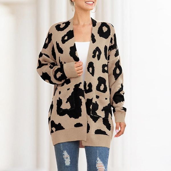 

womens leopard print loose knitted outwear cardigan casual long sleeve overcoat1, White
