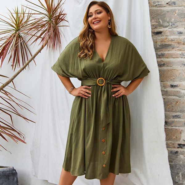 

plus size dress women's summer fashion cotton v-neck button solid color printing lace elegant dress ladies banquet a-line dress, Black;gray