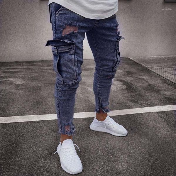 

cargo pants men mens stretch denim pant distressed ripped freyed slim fit pocket jeans trousers man pants outdoor1, Black