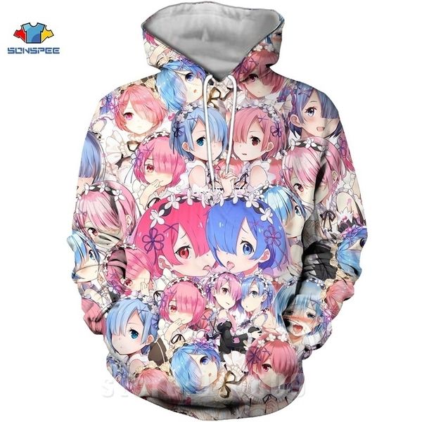 Re Zero Rem Hoodies New Twin maid Ram Pocket Hooded 3D Sexy Anime Girl Hoodie Uomo Donna Cappotto Stampa Harajuku Pullover Felpa 201020