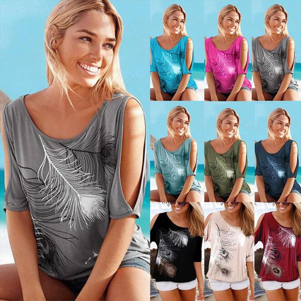 

женская сгибание перья печать футболка лето повседневная короткая короткая рукава рукава свободных топов футболки одно плечо плюс размер фут, White