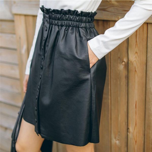 

korean fashion women skirts woman pu leather skirt women elastic waist skirts womens solid harajuku skirt lady faldas mujer moda1, Black