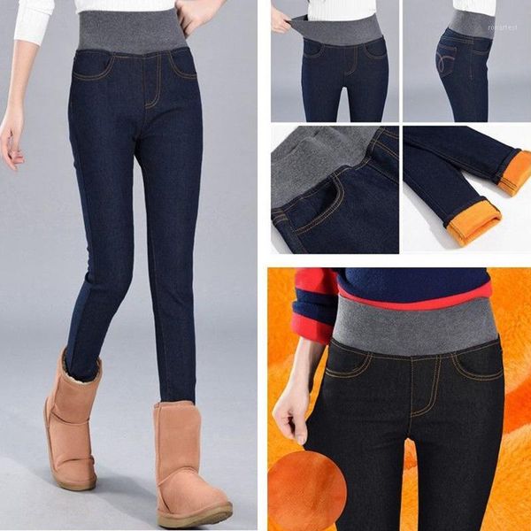 

newly women winter thick thermals warm fleece nap jeans high waist trousers slim pants outdoor do991, Blue