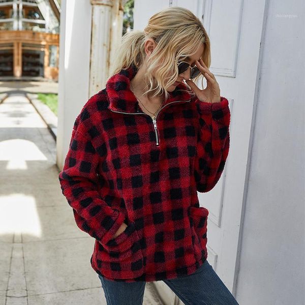 

teddy cashmere plaid fleece jacket women 2021 new casual pocket thick warm camouflage winter pullover jacket coat streetwear1, Black;brown