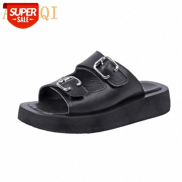 

aiyuqi summer slides women 2021 new genuine leather ladies slippers flat with muffins outside wear beach slippers women #cz4a, Black