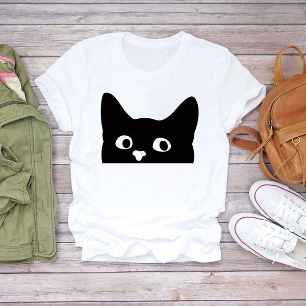 

women t-shirts cartoon cat funny face animal pet cute 90s womens graphic t ladies print lady shirt female tee t-shirt, White