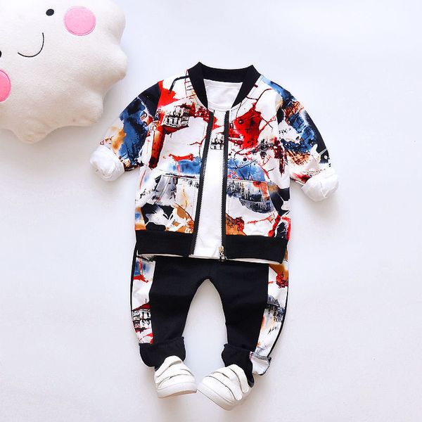 

new spring autumn children boys clothes kids ink painting clothing suit jacket t shirt pants 3pcs/sets infant cotton tracksuits lj200831, White