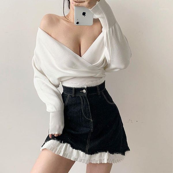 

europe autumn v neck winter thin solid color pullover low chest high waist lantern sleeve long sleeve sweater women yeqz1, White